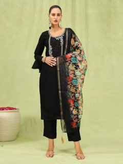 Women’s Viscose Roman Silk Embroidery Straight Kurta Pant with Dupatta Set