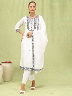 Women’s Viscose Roman Silk Embroidery Straight Kurta Pant with Dupatta Set