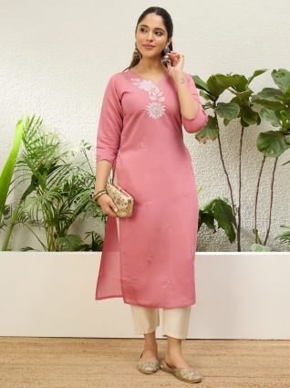 Baby Pink Women Embroidered Silk Blend Straight Kurta