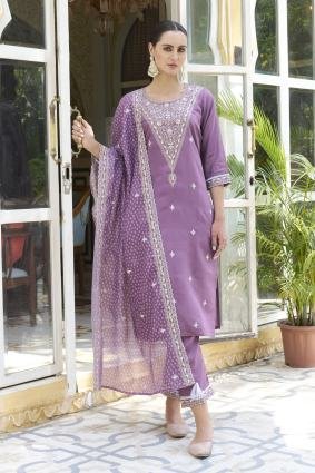 Embroidered Silk Blend Straight Suit With Dupatta