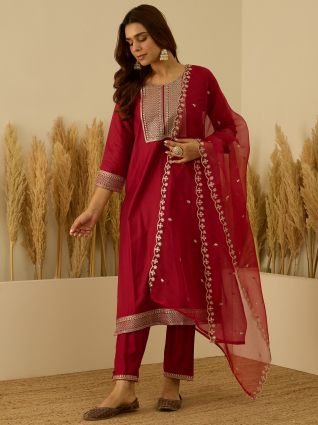 Embroidered Silk Blend Suit Set With Dupatta