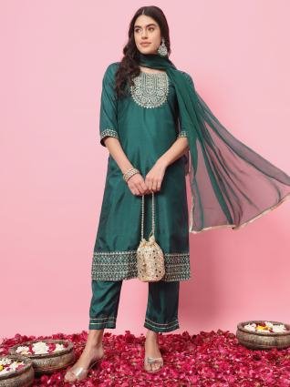 Emerald Elegance Embroidered Silk Kurta Pant with Dupatta Set