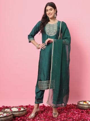 Emerald Elegance Embroidered Silk Kurta Pant with Dupatta Set