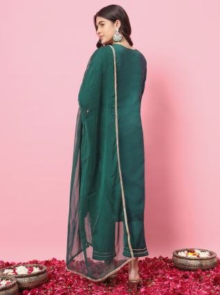 Emerald Elegance Embroidered Silk Kurta Pant with Dupatta Set