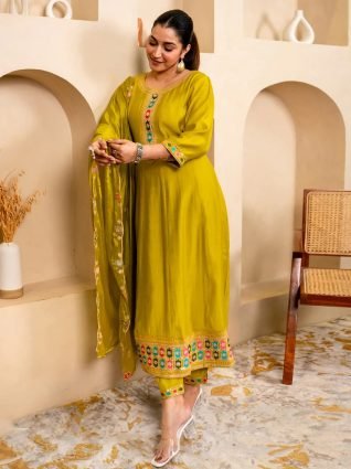 Lemon Stylish Anarkali Kurta Set Ready to Wear Soft Silk Fabric with Embroidered Dupatta Tailored Fit