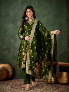 mehndi Embroidered Silk Blend Organza Meenakari Straight Suits With Dupatta