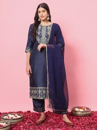 Noor Royale Navy Blue Embroidered Kurta Pant with Dupatta Set