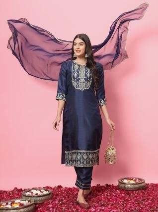 Noor Royale Navy Blue Embroidered Kurta Pant with Dupatta Set