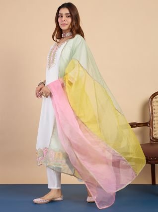 Off White Silk Blend Embroidered Yoke Kurta Set with Pastel Shaded Dupatta