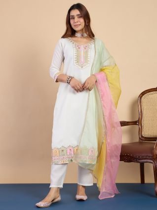 Off White Silk Blend Embroidered Yoke Kurta Set with Pastel Shaded Dupatta