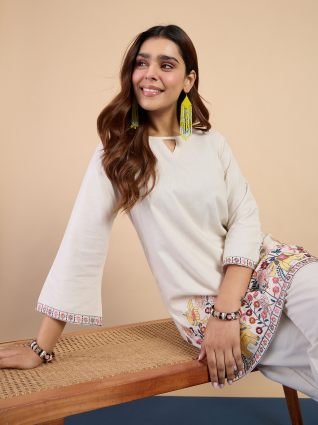Off white Women s Designer Kurta Pant Set Premium Pattern