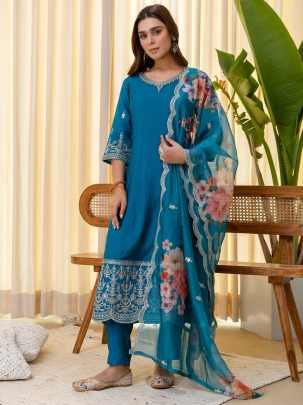 Rama Blue Designer 3 Pc Kurti Set