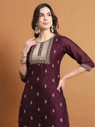 Royal Plum Embroidered Silk Blend Kurta Pant Set with Dupatta