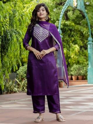 Royal Purple Embroidered Kurta Pant Dupatta Set