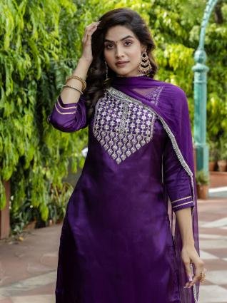 Royal Purple Embroidered Kurta Pant Dupatta Set