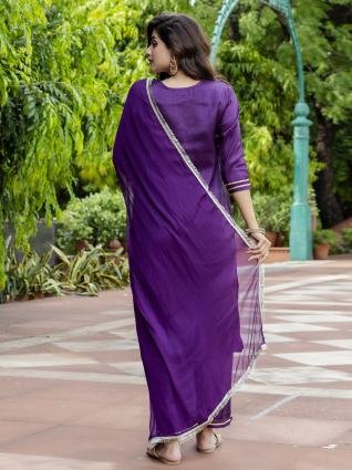 Royal Purple Embroidered Kurta Pant Dupatta Set