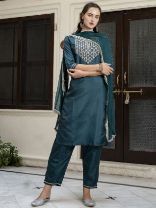 Royal Teal Embroidered Straight Kurta Pant with Dupatta Set