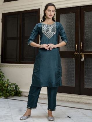 Royal Teal Embroidered Straight Kurta Pant with Dupatta Set