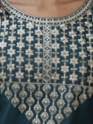 Royal Teal Embroidered Straight Kurta Pant with Dupatta Set