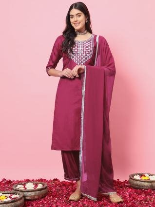 Ruby Royale Embroidered Roman Silk Kurta Pant & Dupatta Set