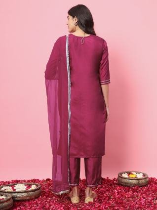 Ruby Royale Embroidered Roman Silk Kurta Pant & Dupatta Set