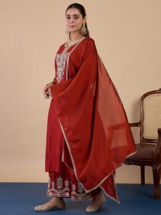Rust Festive Zari Work Kurta Set with Border Dupatta