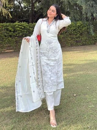 Silk Blend Embroidered Straight Kurta Set with Trousers   Dupatta