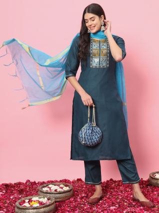Teal Blue Embroidered Kurta Pant Dupatta Set