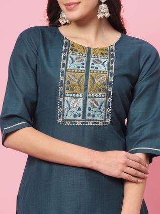 Teal Blue Embroidered Kurta Pant Dupatta Set