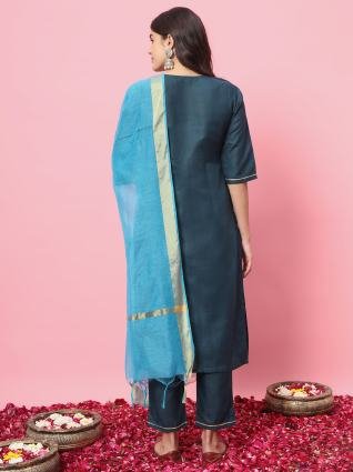 Teal Blue Embroidered Kurta Pant Dupatta Set
