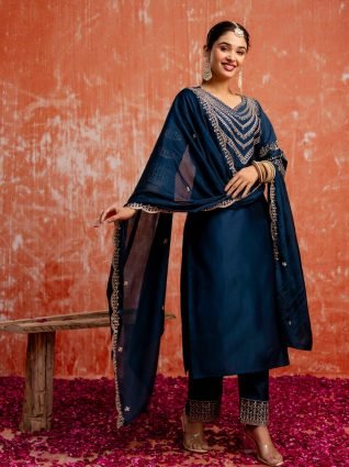 Teal Ethnic Motifs Embroidered Straight Kurta with Trousers   Dupatta