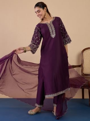 Wine Women s Designer Kurta Pant Set Premium Pattern Collection