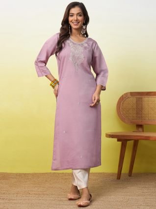 Women Embroidered Silk Blend Straight Kurta