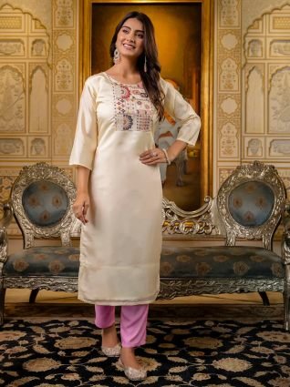 Women Embroidered Silk Blend Straight Kurta