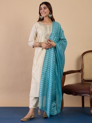 Women s Cream Silk Blend Embroidered Yoke Kurta Set with Turquoise Dupatta