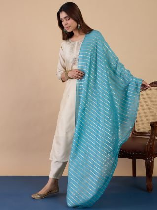 Women s Cream Silk Blend Embroidered Yoke Kurta Set with Turquoise Dupatta