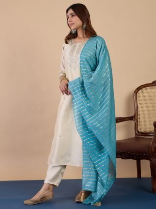 Women s Cream Silk Blend Embroidered Yoke Kurta Set with Turquoise Dupatta
