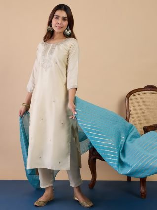 Women s Cream Silk Blend Embroidered Yoke Kurta Set with Turquoise Dupatta