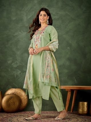 Women s Embroidered Sea Green Silk Blend Straight Suit Set with Dupatta