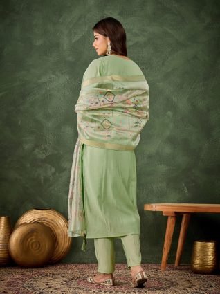 Women s Embroidered Sea Green Silk Blend Straight Suit Set with Dupatta