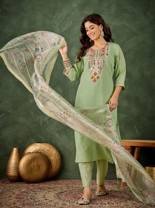 Women s Embroidered Sea Green Silk Blend Straight Suit Set with Dupatta