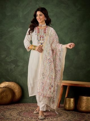 Women s Embroidered White Silk Blend Straight Suit Set with Dupatta