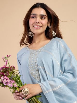 Women s Grey Festive Embroidered Yoke Straight Kurta Set