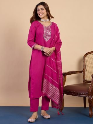 Women s Pink Embroidered Yoke Design Straight Kurta Set with Dupatta