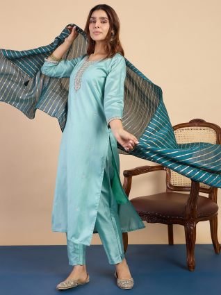 Women s Sky Blue Festive Embroidered Yoke Straight Kurta Pant Set