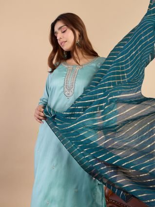 Women s Sky Blue Festive Embroidered Yoke Straight Kurta Pant Set