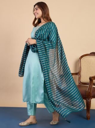 Women s Sky Blue Festive Embroidered Yoke Straight Kurta Pant Set