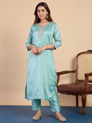 Women s Sky Blue Festive Embroidered Yoke Straight Kurta Pant Set