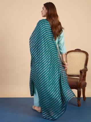 Women s Sky Blue Festive Embroidered Yoke Straight Kurta Pant Set