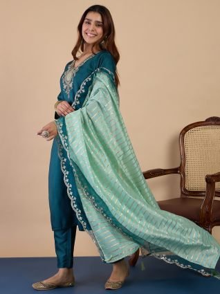 Women s Teal Silk Blend Embroidered Yoke Kurta Set with Zari Striped Dupatta